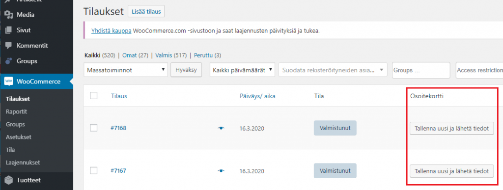 Matkahuollon osoitekortin luominen WooCommercessa