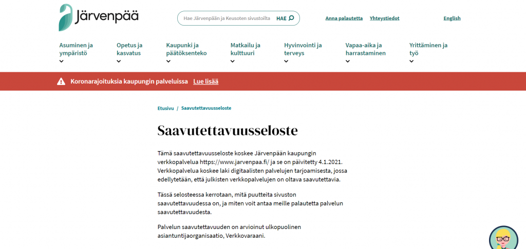 Saavutettavuusauditointi Järvenpään kaupungin sivuille