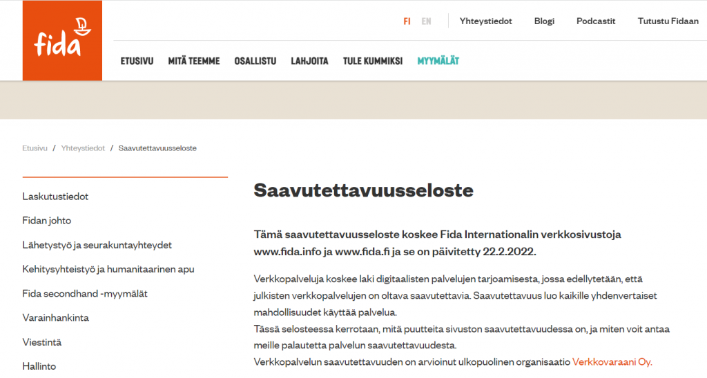 Saavutettavuusauditointi Fida International ry:lle - Verkkovaraani