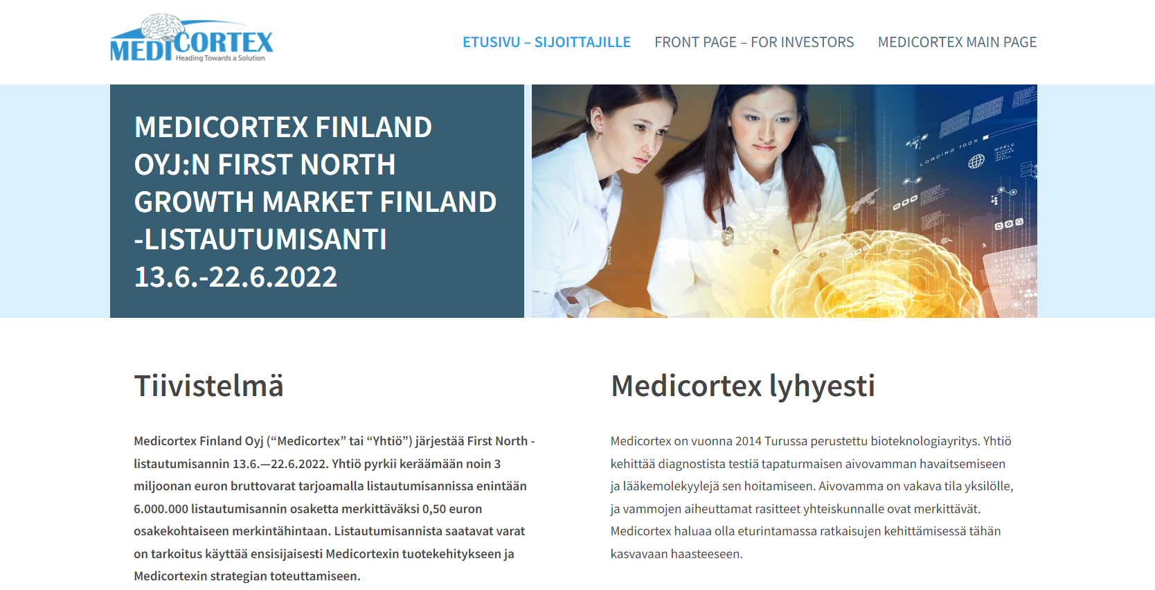 Medicortex sijoittajasivusto