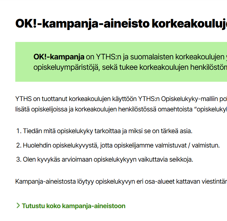 Kampanjasivusto YTHS - OK! Yhdessä opiskelukykyä