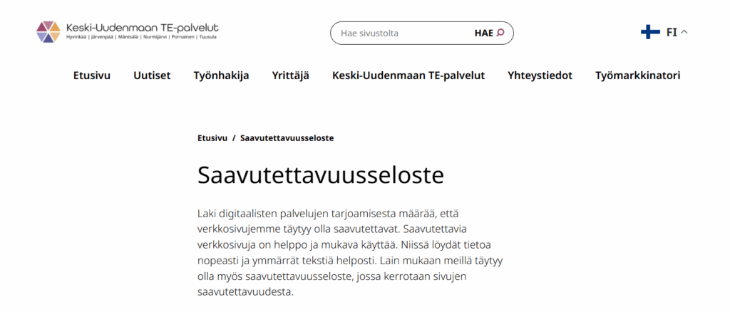 Saavutettavuusauditointi Keski-Uudenmaan TE-palveluiden sivustolle
