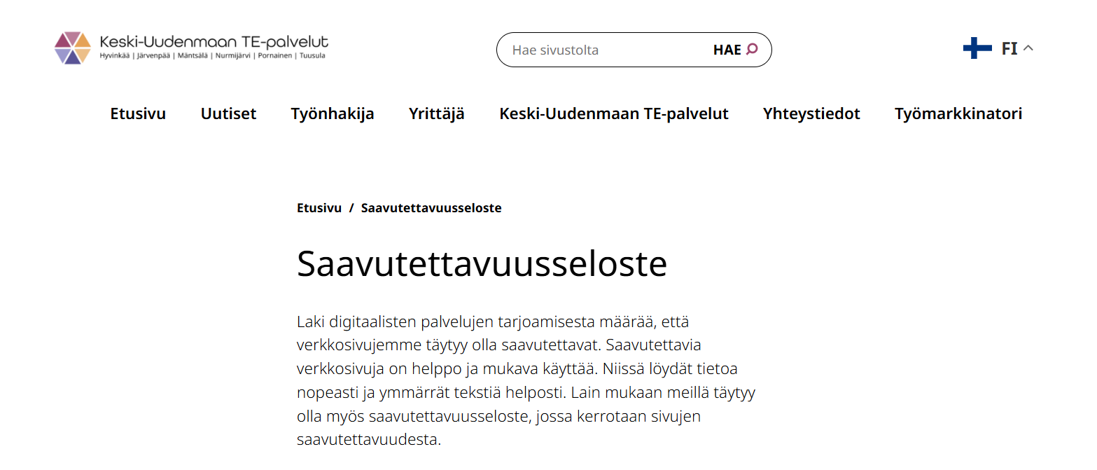 Saavutettavuusauditointi Keski-Uudenmaan TE-palveluiden sivustolle