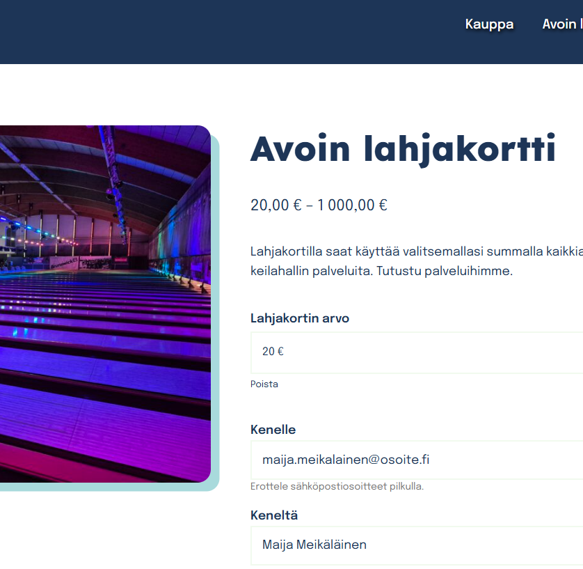 Verkkokauppa Bowlingille - tuotteena lahjakortti