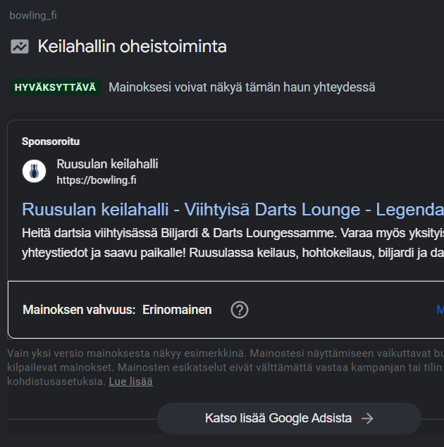 Bowlingille Google Ads -mainontaa